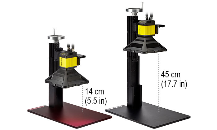 Examples of adjustable height stand with and without optional extension arm attachment to increase the maximum part height from 5.5 inches to 17.7 inches